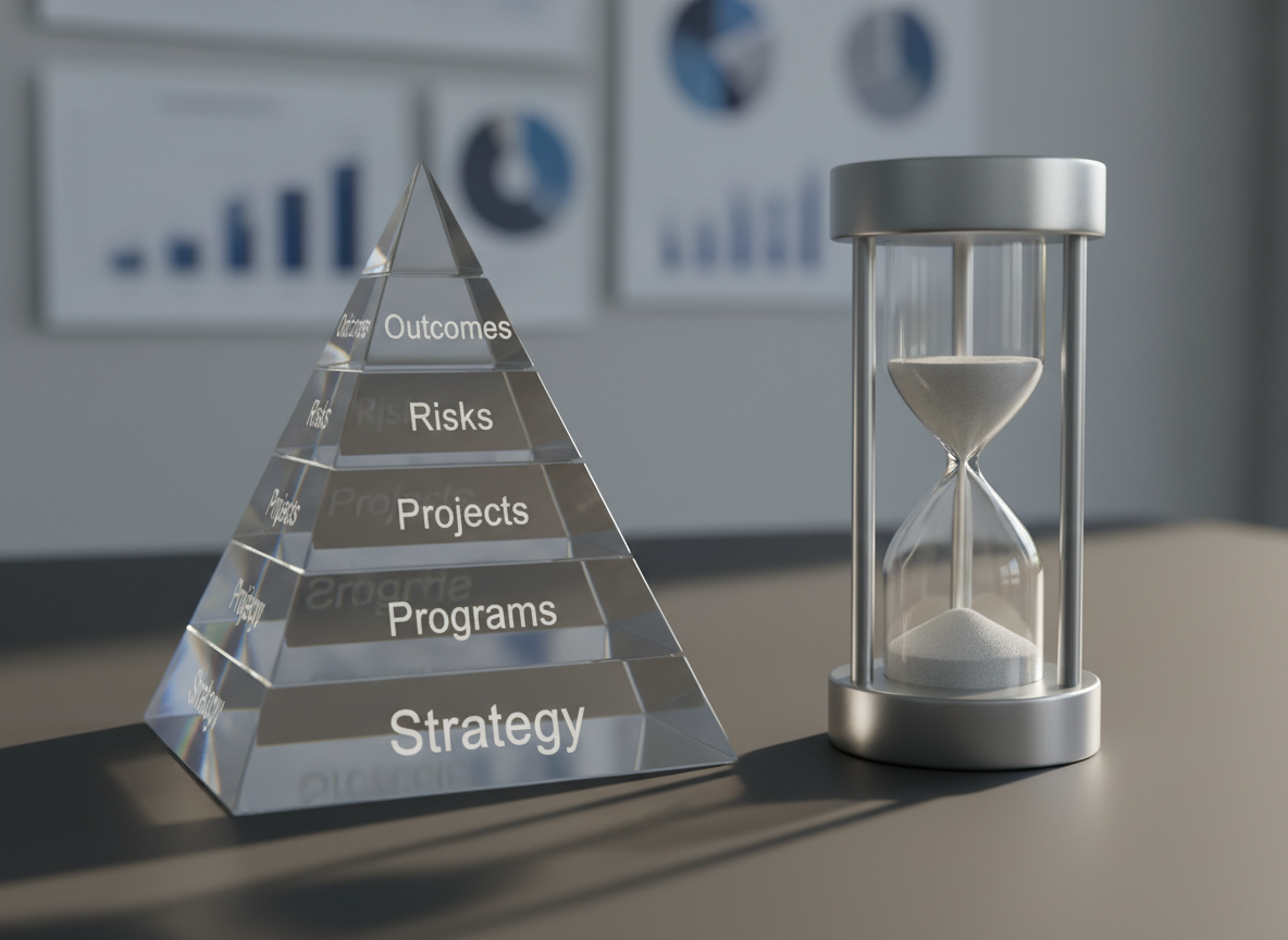 A high-resolution, photographic close-up of a transparent acrylic block pyramid on a smooth charcoal desk surface, each tier labeled with sharp, engraved text: “Strategy”, “Programs”, “Projects”, “Risks”, “Outcomes”. Beside it, a refined metal-and-glass hourglass with fine white sand emphasizes the importance of timing. Soft, directional side lighting from the right creates subtle reflections in the acrylic and delicate highlights on the metal frame, casting clean, elongated shadows across the desk. The background is intentionally blurred with hints of muted charts and graphs pinned to a wall, adding contextual depth without distraction. The mood is precise, confident, and forward-looking, conveying structured, risk-aware program management in a minimalist, executive-ready style.