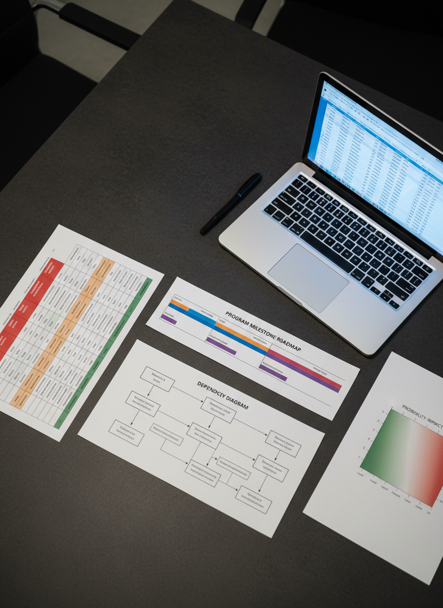 A close-up, overhead photographic view of a dark graphite conference table covered with a carefully arranged collection of program management artifacts: color-coded risk registers, milestone roadmaps, dependency diagrams, and a printed probability-impact matrix. A slim, brushed-steel laptop displays a detailed schedule on its luminous screen, casting a soft glow onto the matte paper surfaces. Neutral studio lighting from above creates gentle, precise shadows around each document, emphasizing structure and clarity. The composition follows a balanced, rule-of-thirds layout with clean negative space at one edge for potential overlay text. The atmosphere feels analytical yet controlled, highlighting a disciplined, risk-informed approach to complex program planning in a modern, professional consulting context.