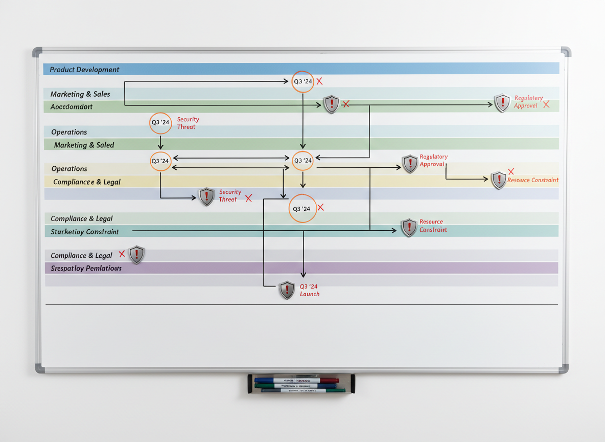 An ultra-detailed, photographic overhead view of a large whiteboard surface filled with a carefully drawn program roadmap. Color-coded swimlanes, dependency arrows, risk icons, and milestone markers flow horizontally in a clean, logical pattern. Magnetic symbols shaped like small shields highlight key risk points along the timeline, and a set of fine-tip markers in subtle corporate colors rests neatly in a metal tray below. Even, diffused studio lighting eliminates glare and ensures every line and annotation is clearly legible. The composition emphasizes symmetry and clarity, with generous white space around the outer edges for potential overlay text. The atmosphere is methodical and structured, evoking disciplined planning and risk-informed governance in a modern consulting environment.