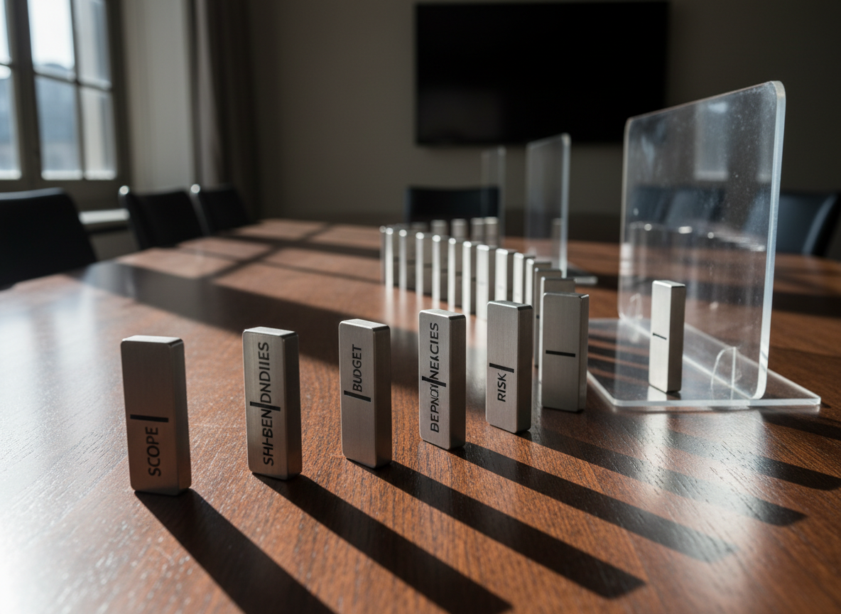 A wide, photographic shot of a long, dark-wood table displaying a sequential path of standing metallic dominos shaped like small, brushed-steel rectangles. Each domino is engraved with program management concepts: “Scope”, “Schedule”, “Budget”, “Dependencies”, “Risks”, “Benefits”. At the far end, a transparent glass barrier stops the final piece, symbolizing mitigation. Side lighting from large, unseen windows creates a gradient of light across the table and crisp, elongated shadows behind each domino. Shot from a low, slightly diagonal angle, the near dominos are in tack-sharp focus while the distant ones softly blur, emphasizing depth and consequence. The mood is controlled and deliberate, illustrating how risk-informed decisions prevent cascading failure in complex programs.