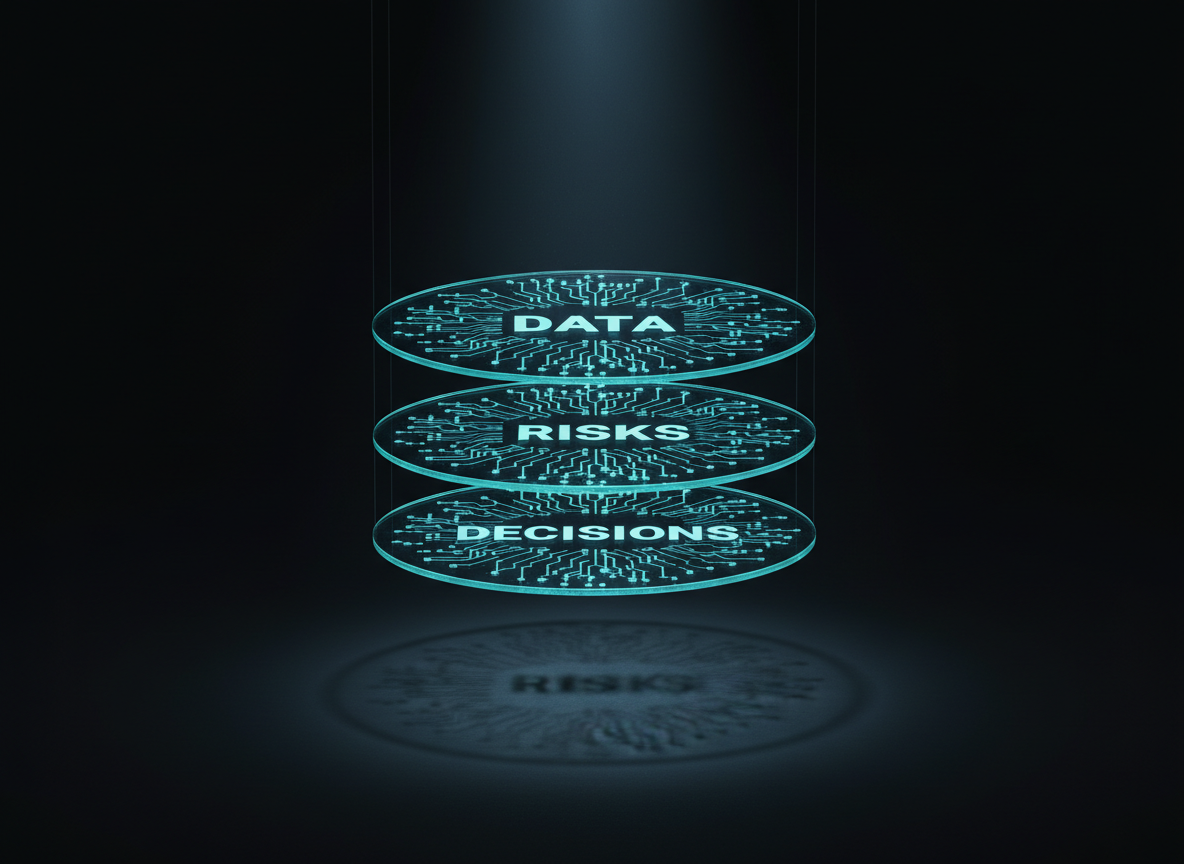 A highly detailed, photographic still life of three layered transparent glass disks suspended by fine, nearly invisible wires above a dark matte background. Each disk contains etched, glowing circuit-like patterns forming interconnected nodes labeled “Data”, “Risks”, and “Decisions”. Soft, cool-toned spotlighting from above creates gentle reflections and overlapping shadows on the surface below, suggesting multidimensional analysis. The camera captures the scene at a slight upward angle, highlighting the floating, interconnected nature of the disks while maintaining sharp focus on the etched labels. The mood is analytical, precise, and technologically sophisticated, representing how risk-informed insights flow through complex program ecosystems in a clean, modern, and abstract yet business-appropriate visual metaphor.