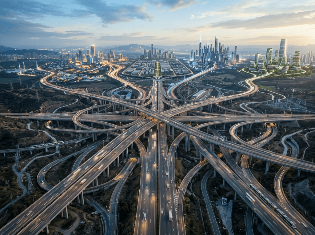 Multilevel highway interchange leading toward a futuristic city skyline at dusk